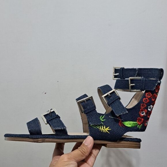 Vintage Havana Nina Black Denim Floral Embroidered Gladiator Sandal Size 8 Blue - Picture 14 of 15